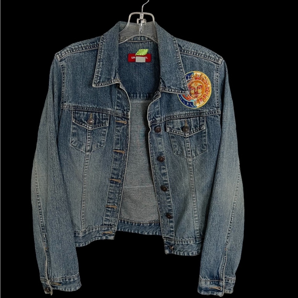 Erika Kelly Apparel UPcycled Denim Jacket Plaid Patchwork Sun & Moon vintage Y2K - Picture 3 of 4